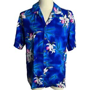 Vintage 90s Two Palms Hawaiian Camp Shirt M Blue Floral Button Up Short Sleeve